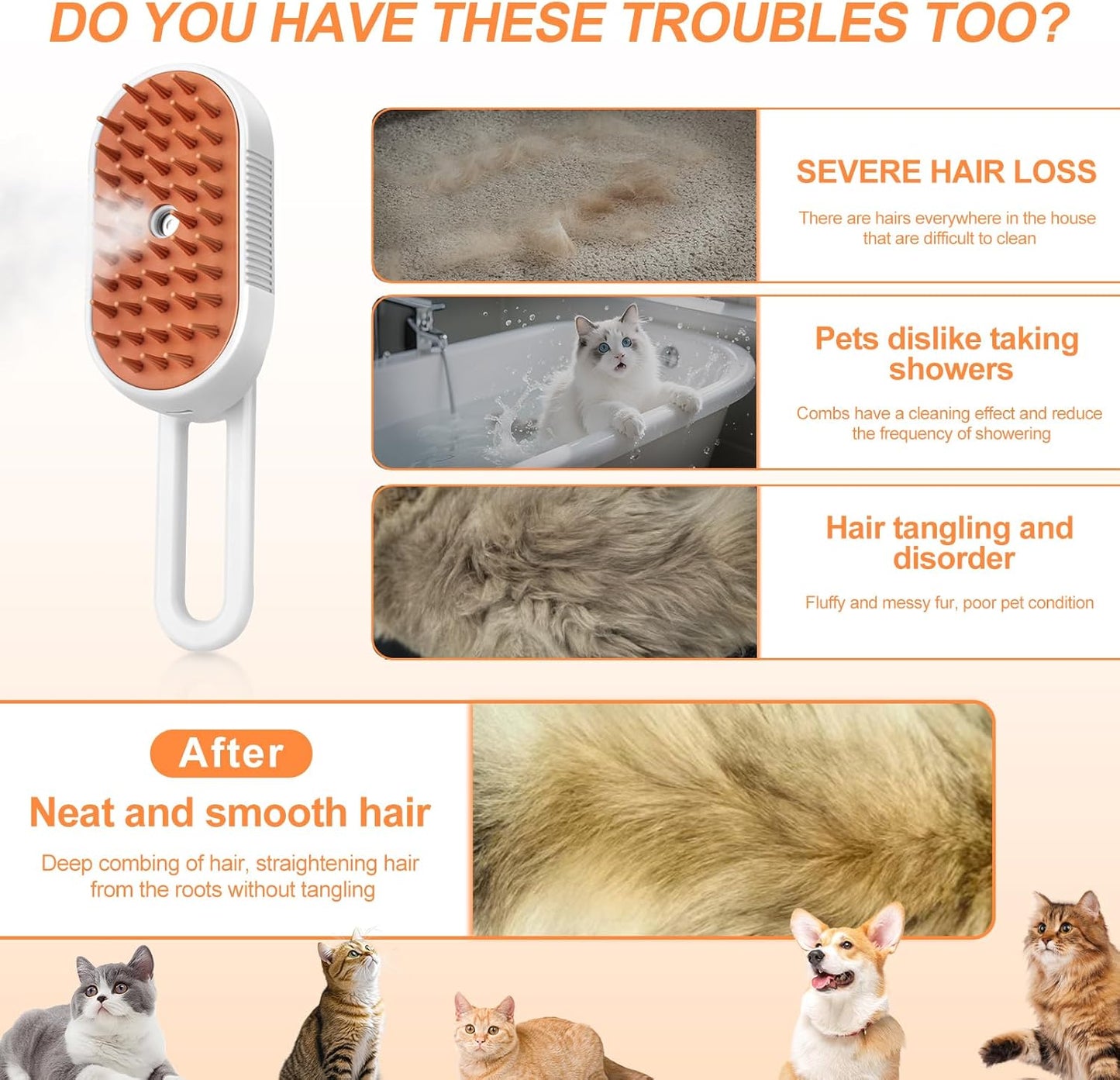 3-in-1 Steam Brush for Cats & Dogs – Spritz Spray Hair Removal Comb