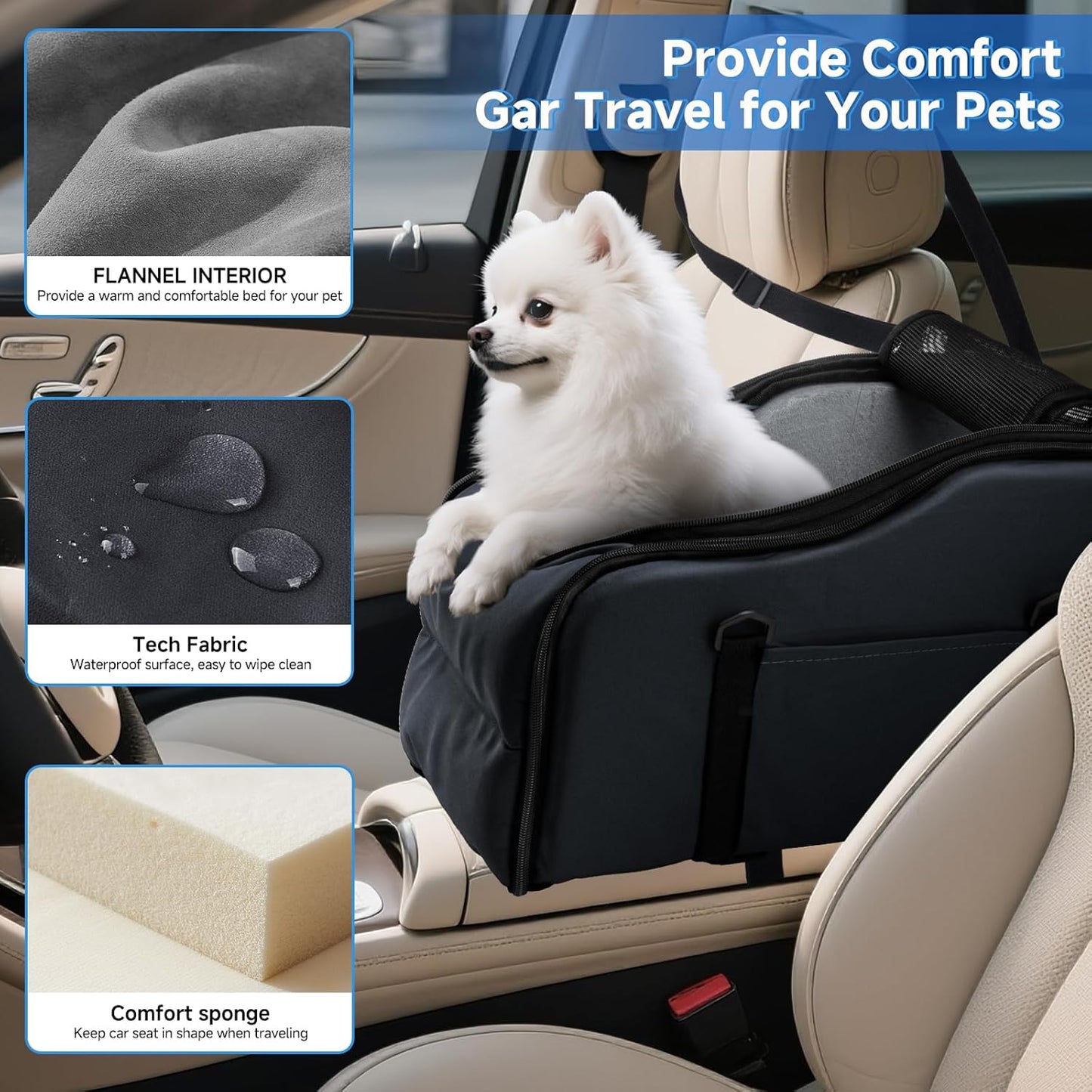 Center Console Dog Car Seat – Portable Booster for Small Dogs up to 12 lbs with Safety Belt & Storage