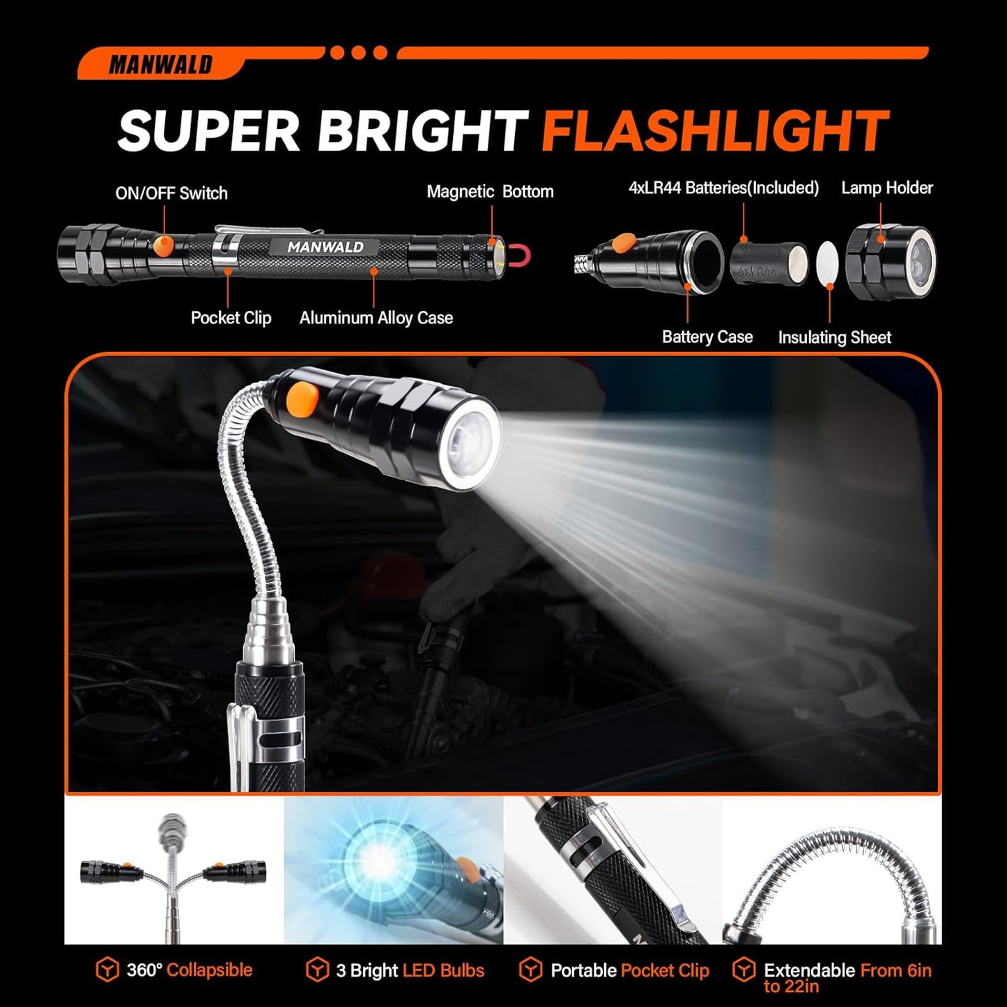 Telescoping Magnetic Pickup Tool Set with Flashlight & Mirror