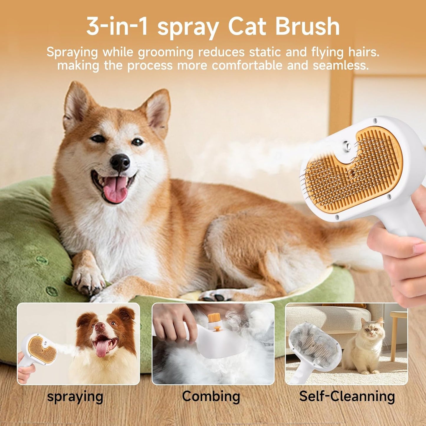 3-in-1 Pet Steam Brush for Dogs & Cats – Spray Hair Removal Comb