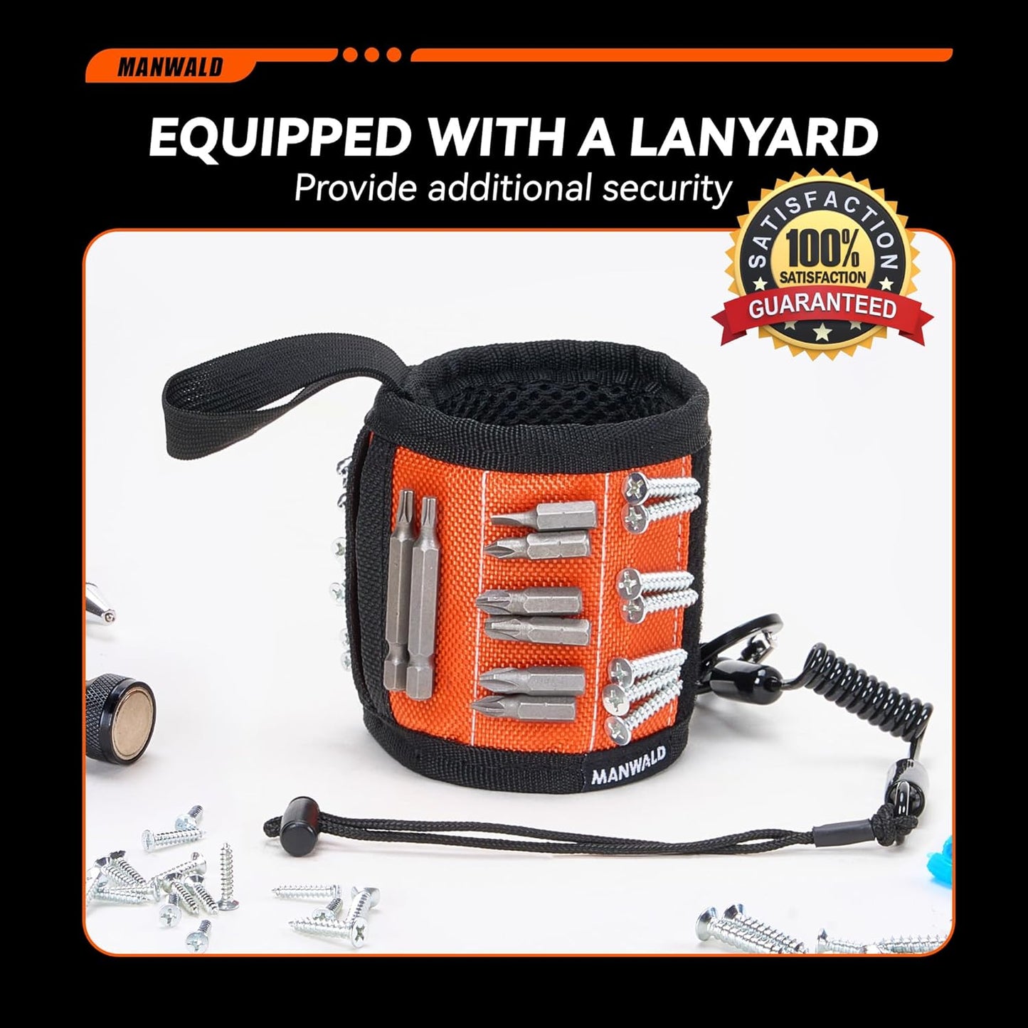 Magnetic Wristband for Tools with Coiled Lanyard –
