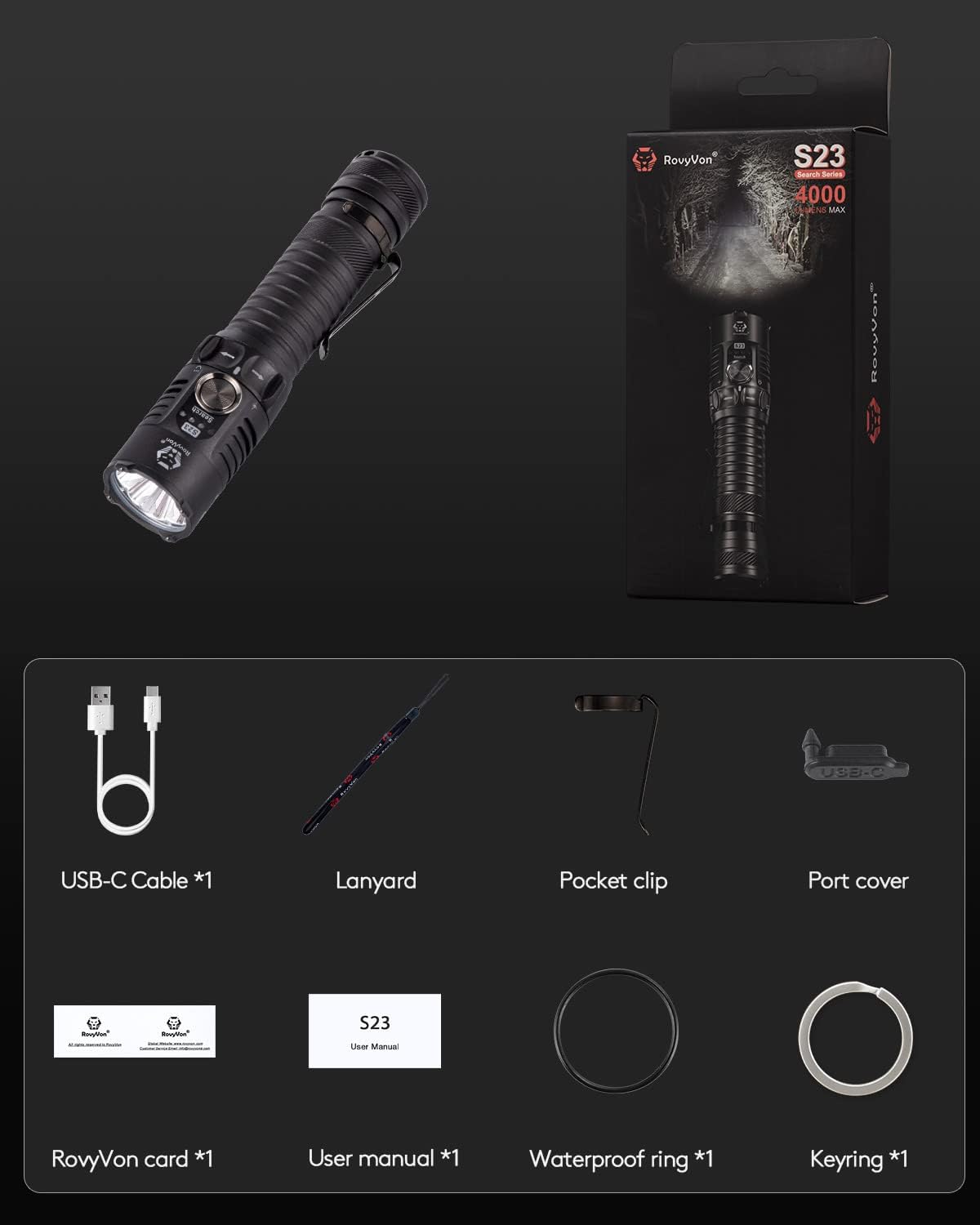 RovyVon S23 USB-C Rechargeable EDC Flashlight – 4000 Lumens,