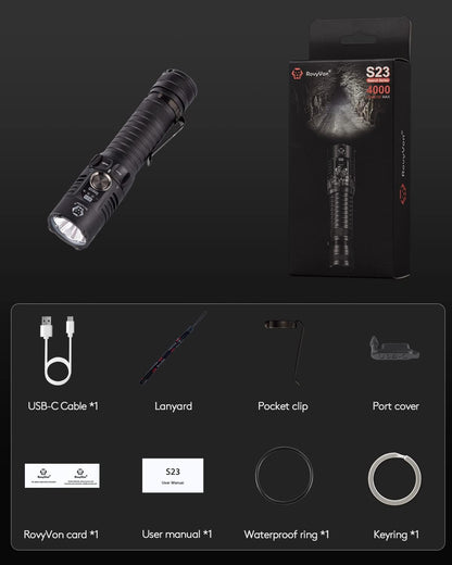 RovyVon S23 USB-C Rechargeable EDC Flashlight – 4000 Lumens,
