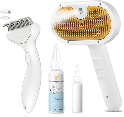 3-in-1 Pet Steam Brush Set – Grooming Comb with Spray, Defur Tool