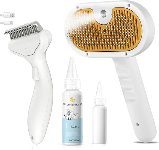 3-in-1 Pet Steam Brush Set – Grooming Comb with Spray, Defur Tool