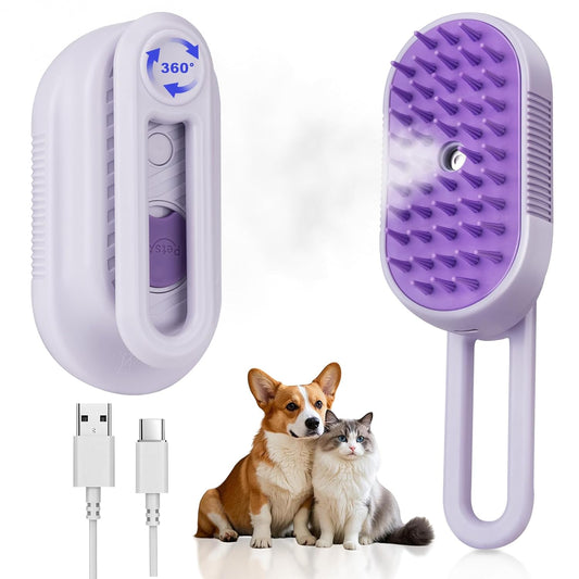 3-in-1 Steam Brush for Cats & Dogs – Spritz Spray & Hair Removal Comb for Grooming & Shedding