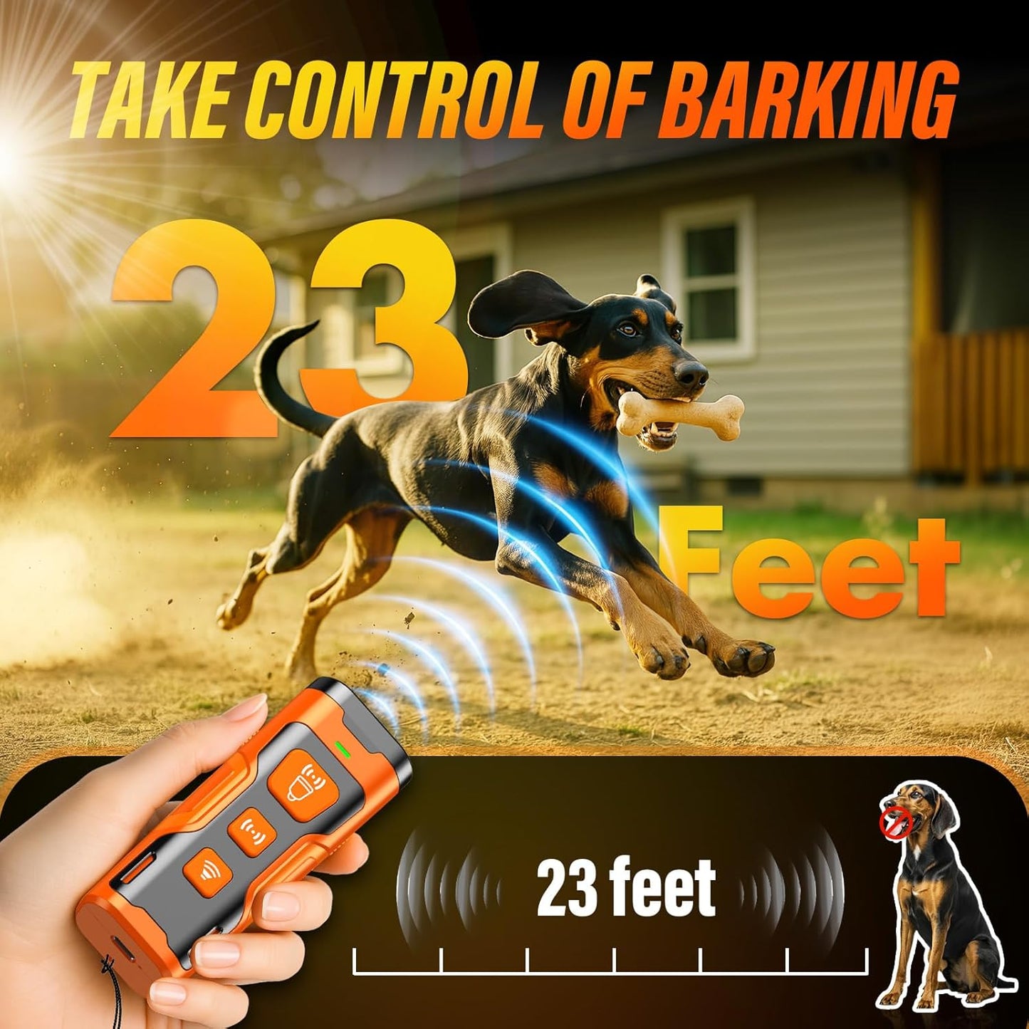 Ultrasonic Dog Bark Deterrent – 3X Anti-Barking with 6 Modes, 23 ft Range,