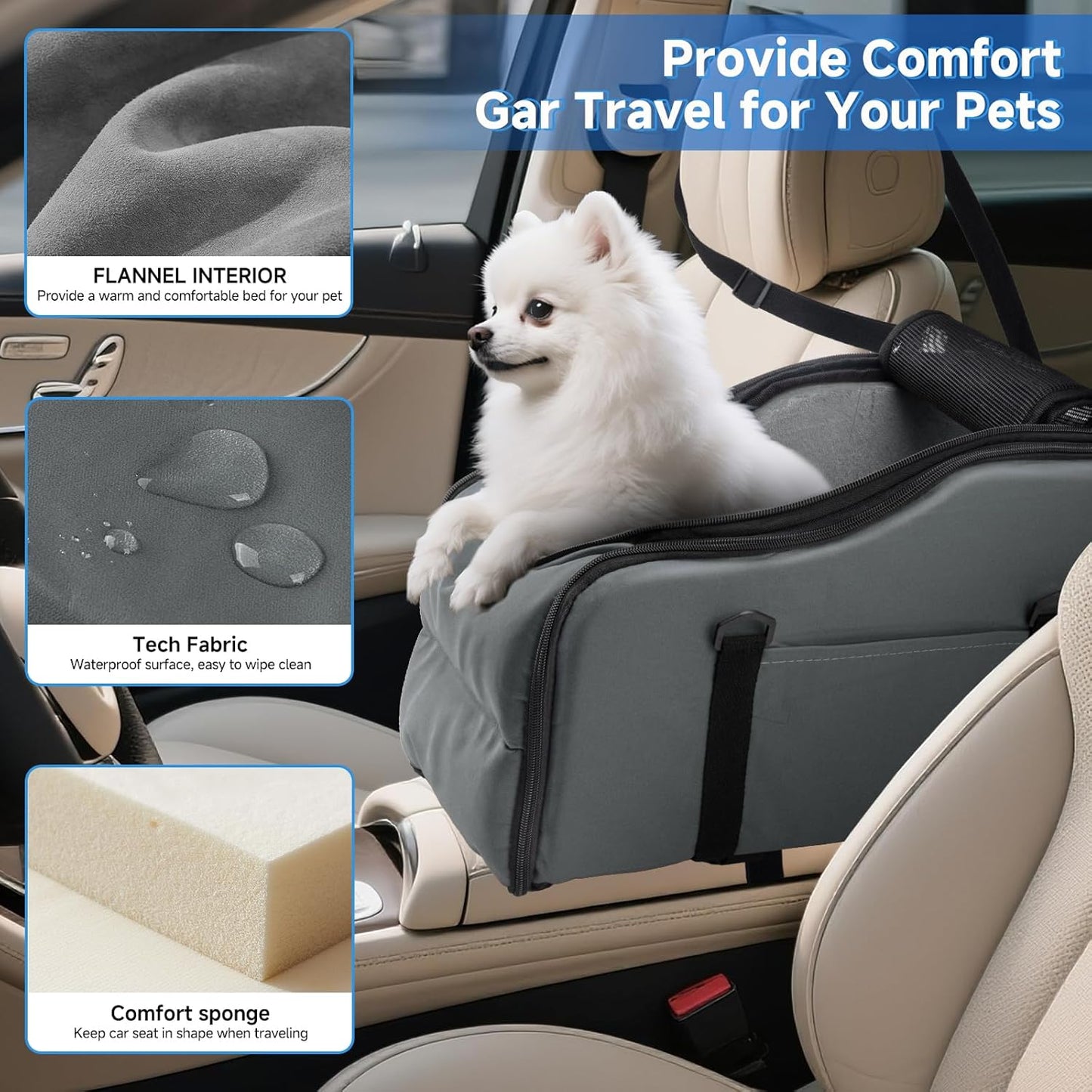 Center Console Dog Car Seat – Portable Booster for Small Dogs up to 12 lbs with Safety Belt