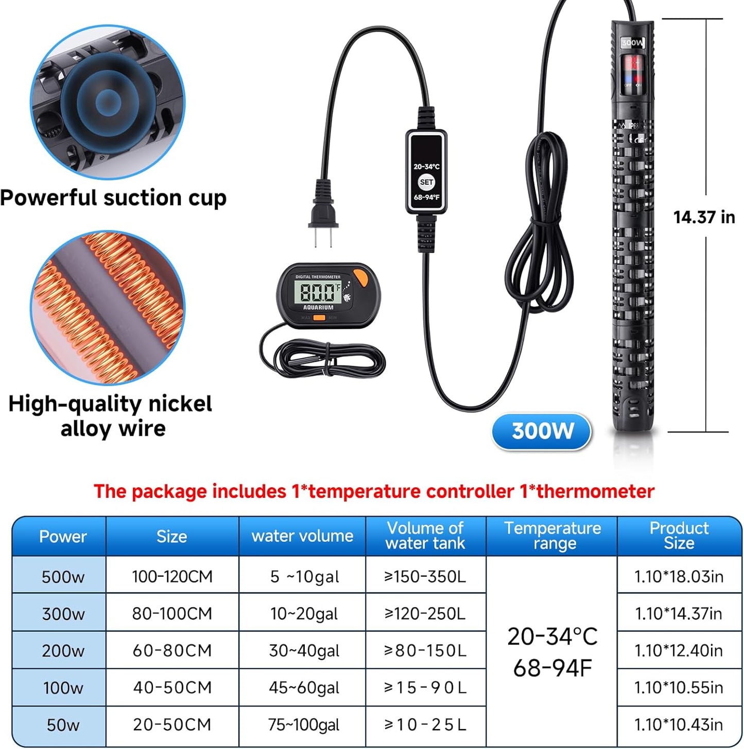 300W Submersible Aquarium & Turtle Tank Heater – Adjustable Controller,