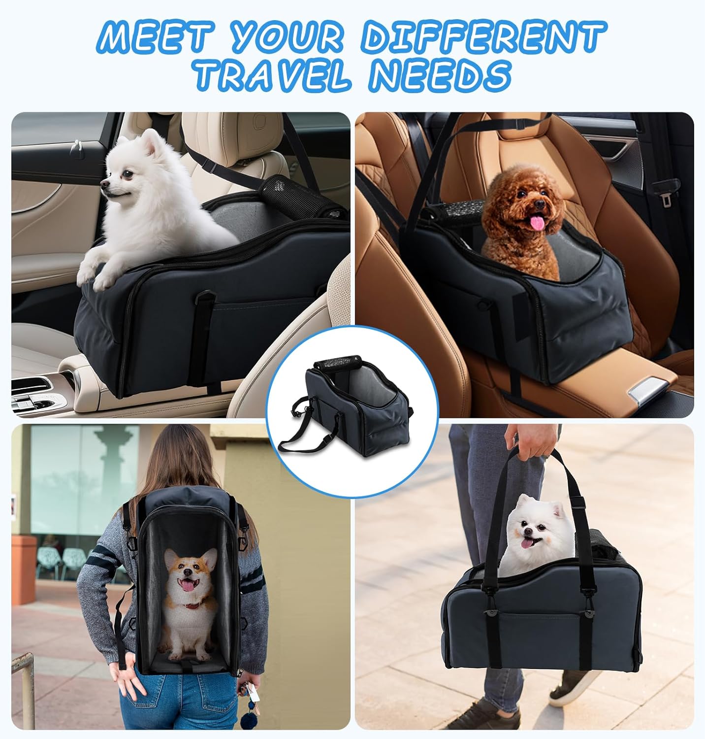 Center Console Dog Car Seat – Portable Booster for Small Dogs up to 12 lbs with Safety Belt & Storage