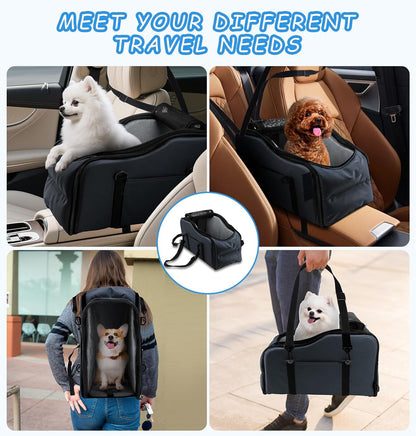 Center Console Dog Car Seat – Portable Booster for Small Dogs up to 12 lbs with Safety Belt & Storage