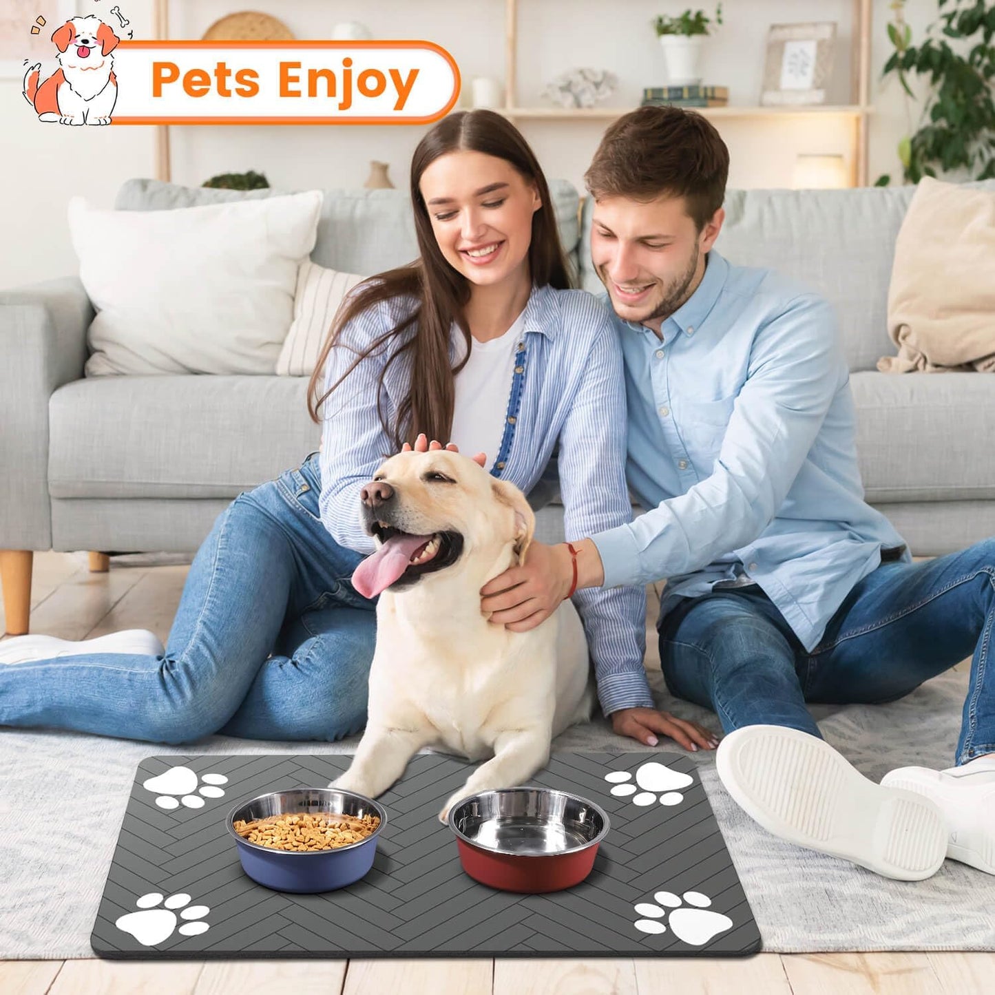 Absorbent Pet Feeding Mat with Waterproof Backing – Quick-Dry Placemat for Dog & Cat Bowls (12"x20", Dark Gray)