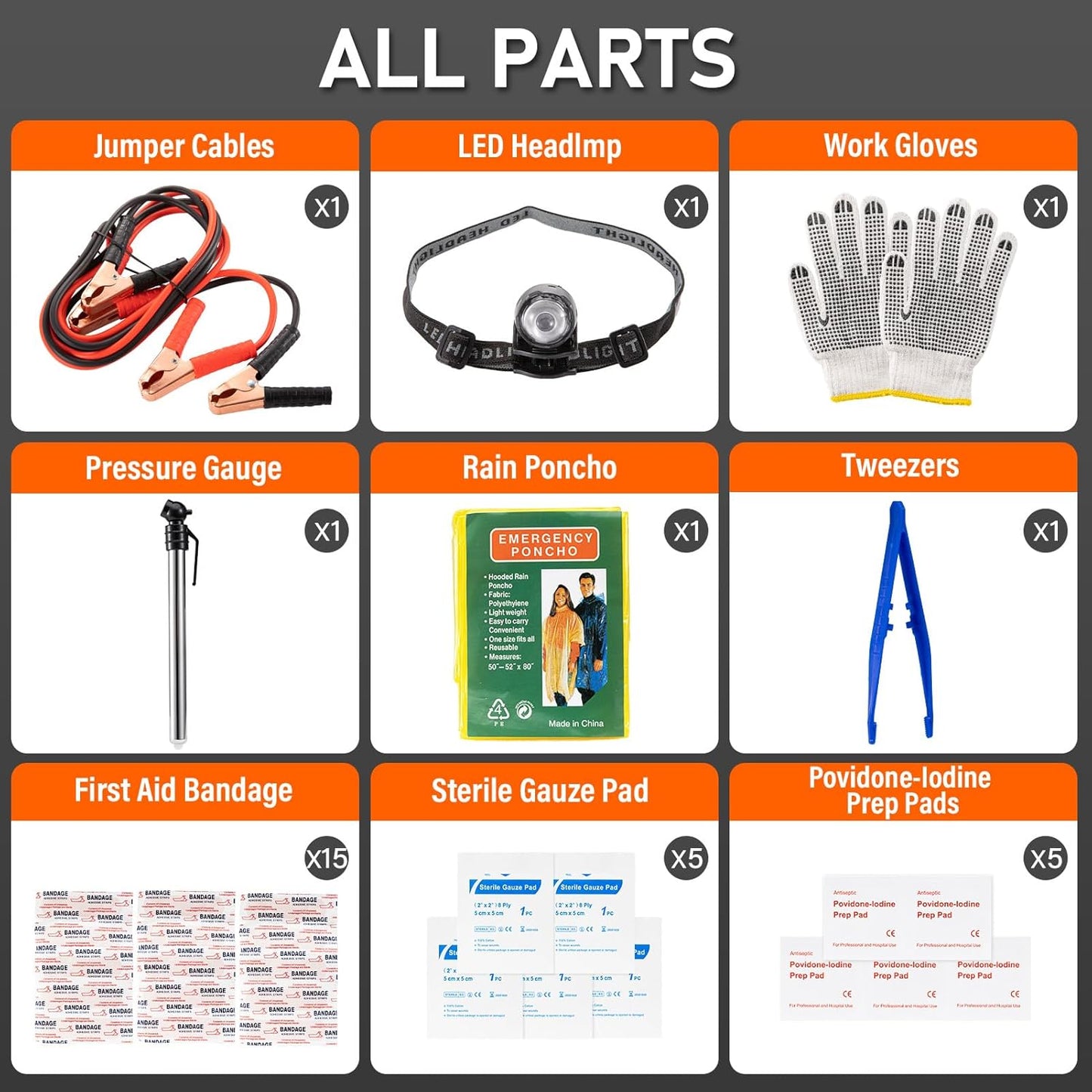 Emergency Car Tool Kit with Jumper Cables, Headlamp & Gloves –
