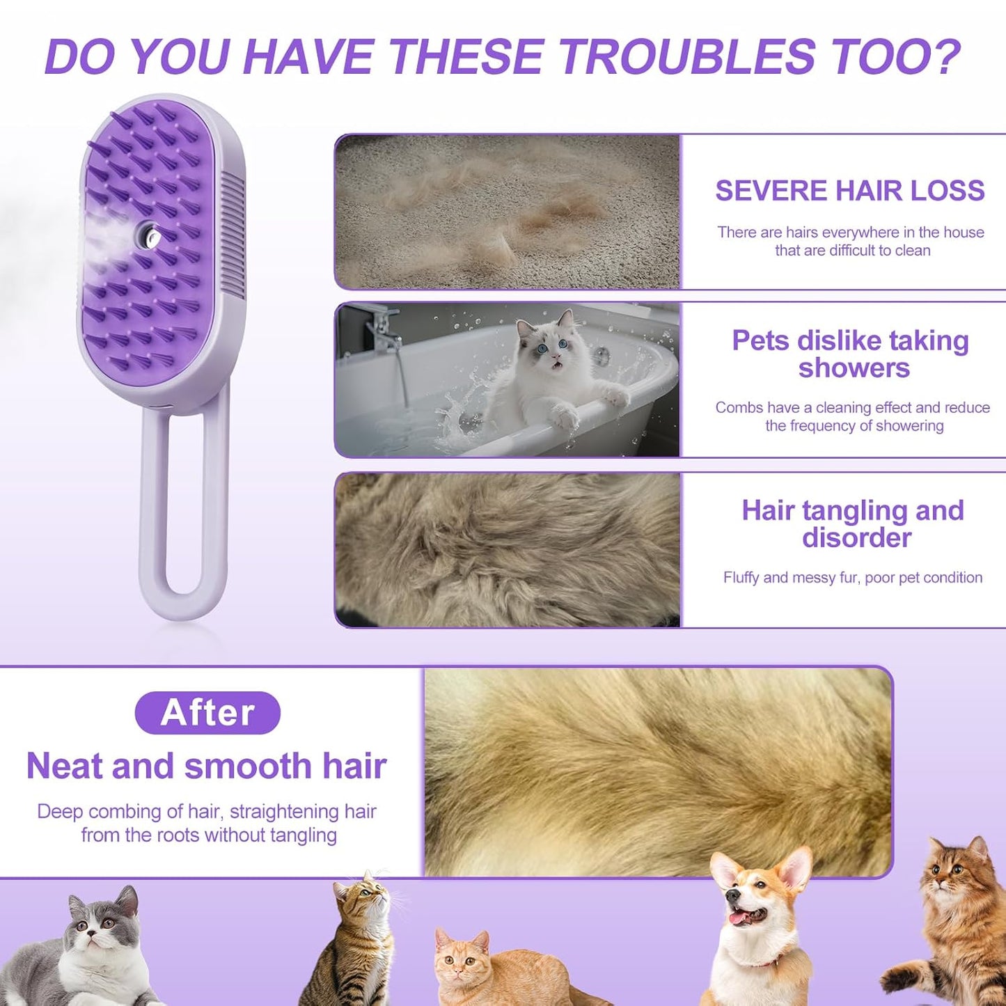 3-in-1 Steam Brush for Cats & Dogs – Spritz Spray & Hair Removal Comb for Grooming & Shedding