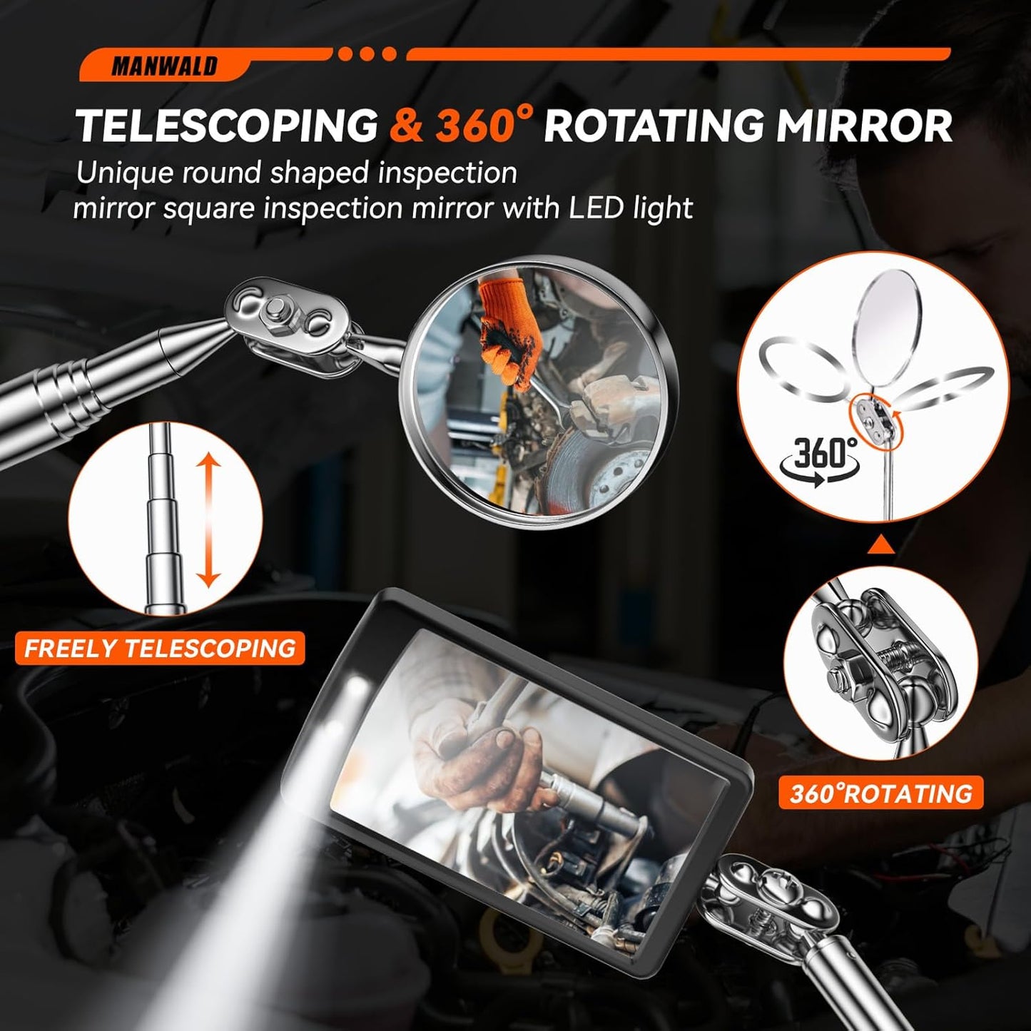 Telescoping Magnetic Pickup Tool Set with Flashlight & Mirror