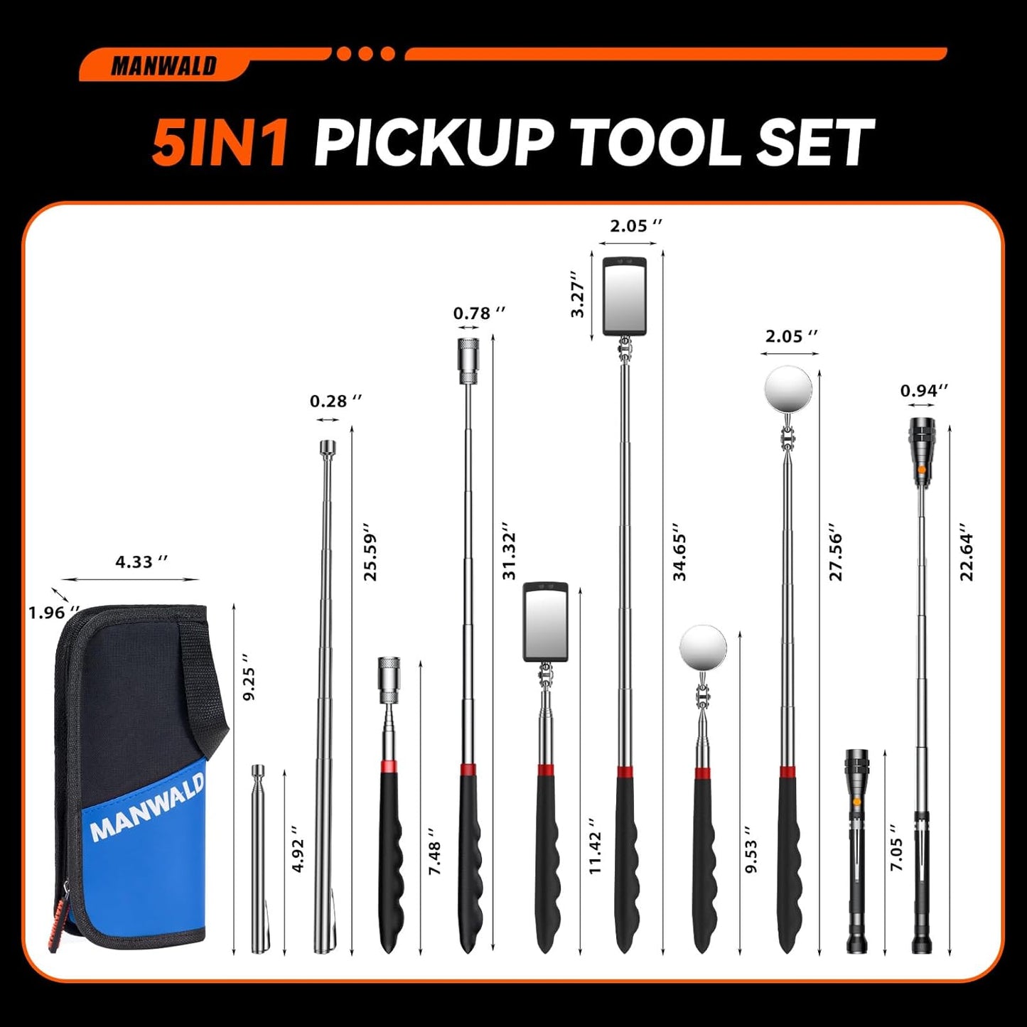 Telescoping Magnetic Pickup Tool Set with Flashlight & Mirror