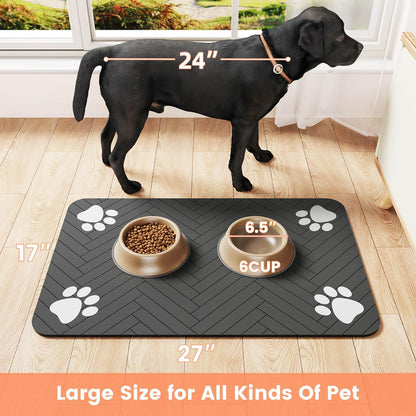 Absorbent Pet Feeding Mat with Waterproof Backing – Quick-Dry Placemat for Dog & Cat Bowls (12"x20", Dark Gray)
