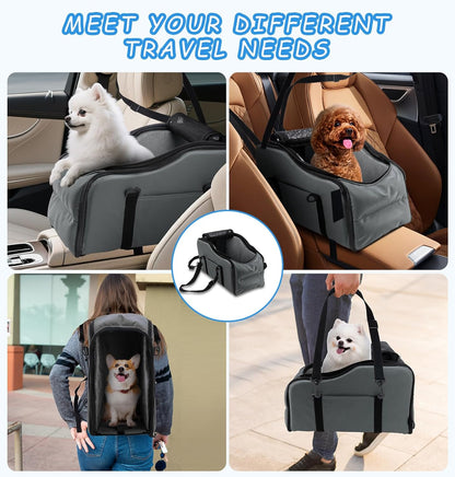 Center Console Dog Car Seat – Portable Booster for Small Dogs up to 12 lbs with Safety Belt