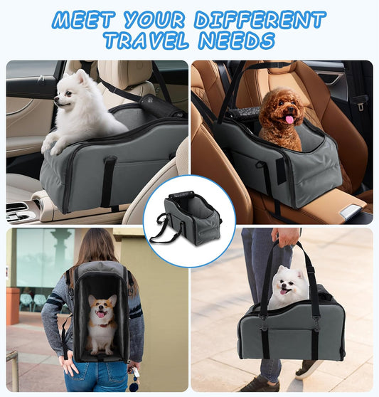 Center Console Dog Car Seat – Portable Booster for Small Dogs up to 12 lbs with Safety Belt