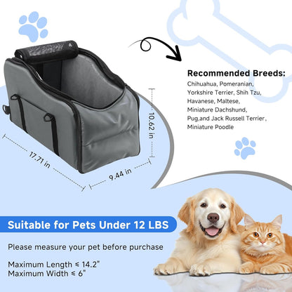 Center Console Dog Car Seat – Portable Booster for Small Dogs up to 12 lbs with Safety Belt