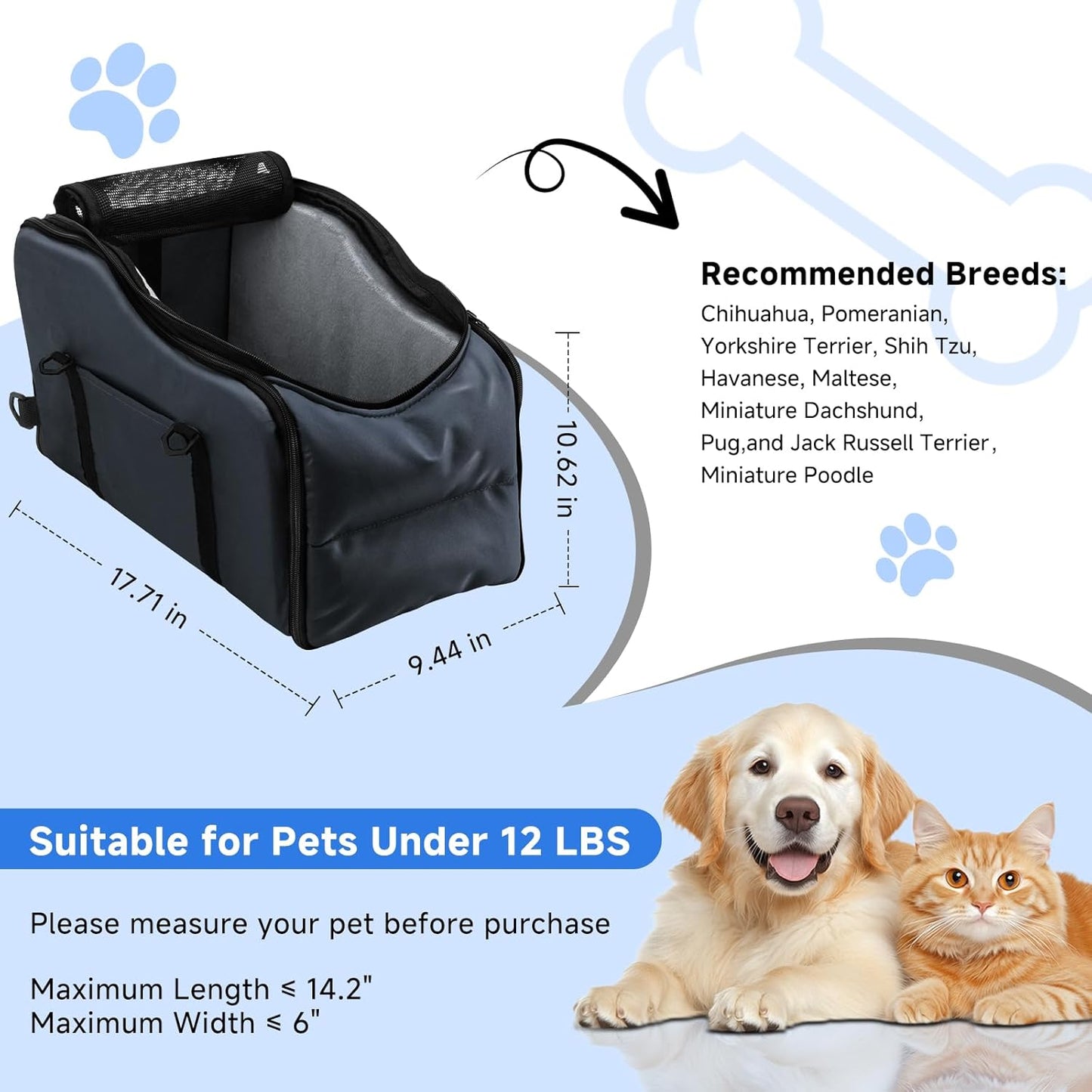 Center Console Dog Car Seat – Portable Booster for Small Dogs up to 12 lbs with Safety Belt & Storage