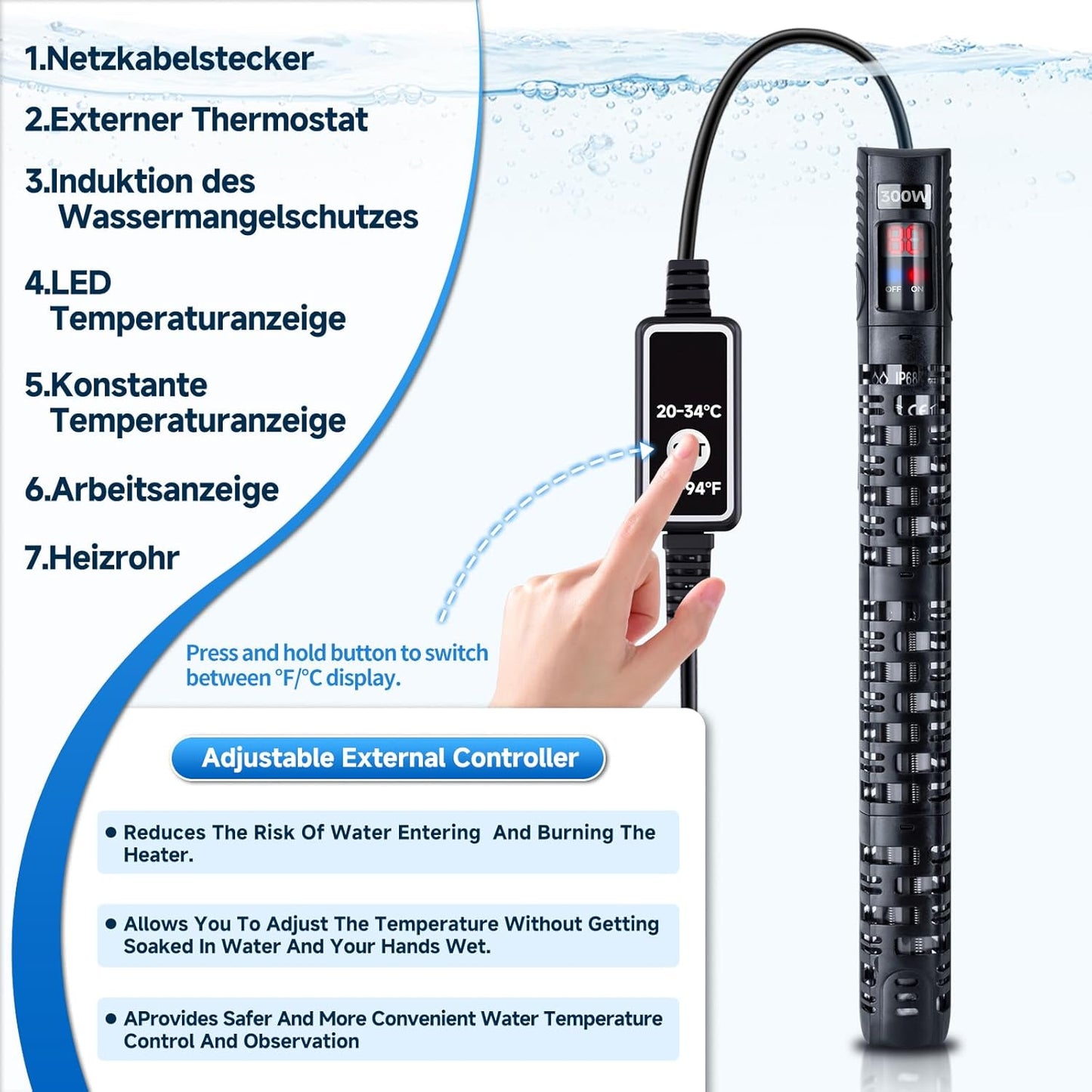 300W Submersible Aquarium & Turtle Tank Heater – Adjustable Controller,