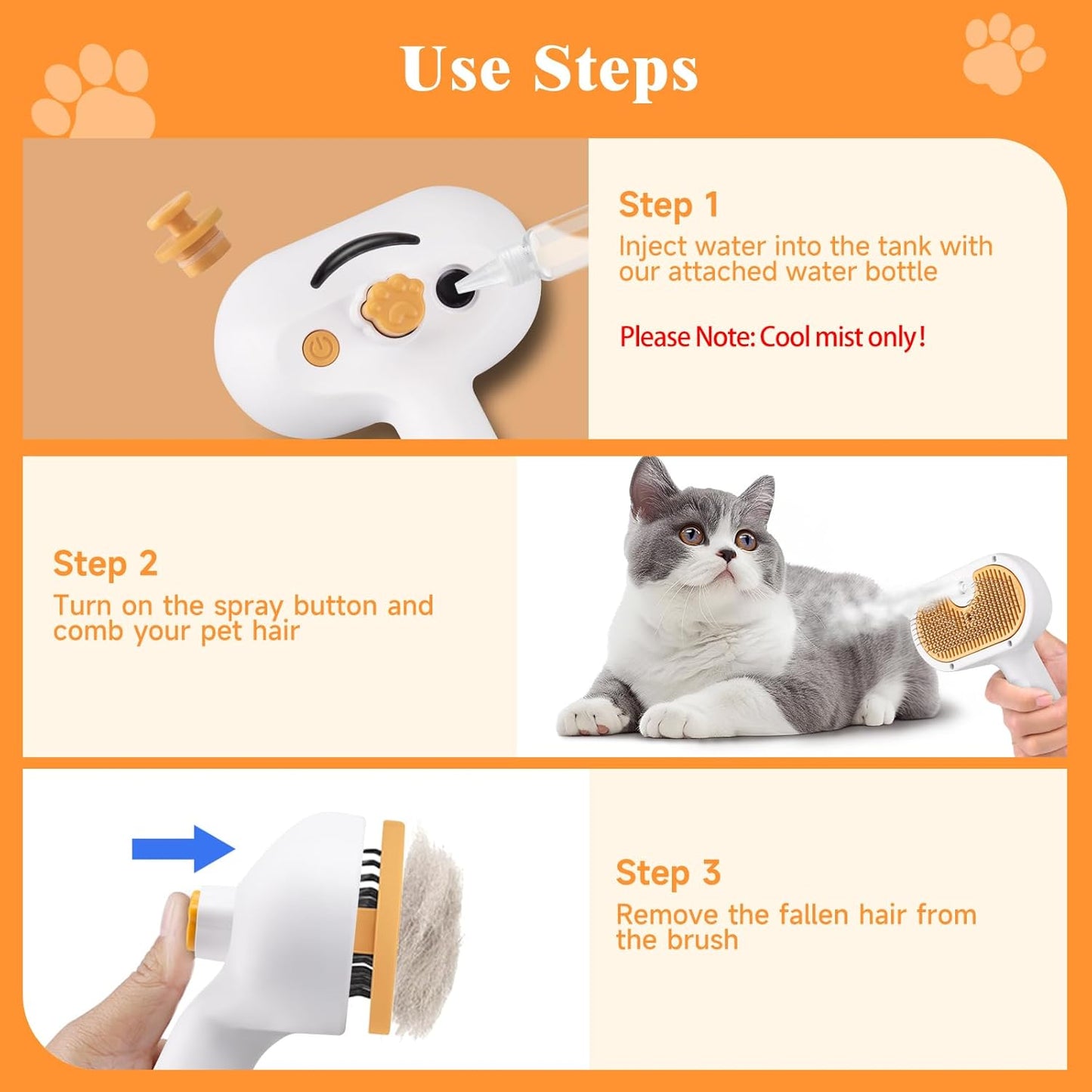 3-in-1 Pet Steam Brush for Dogs & Cats – Spray Hair Removal Comb