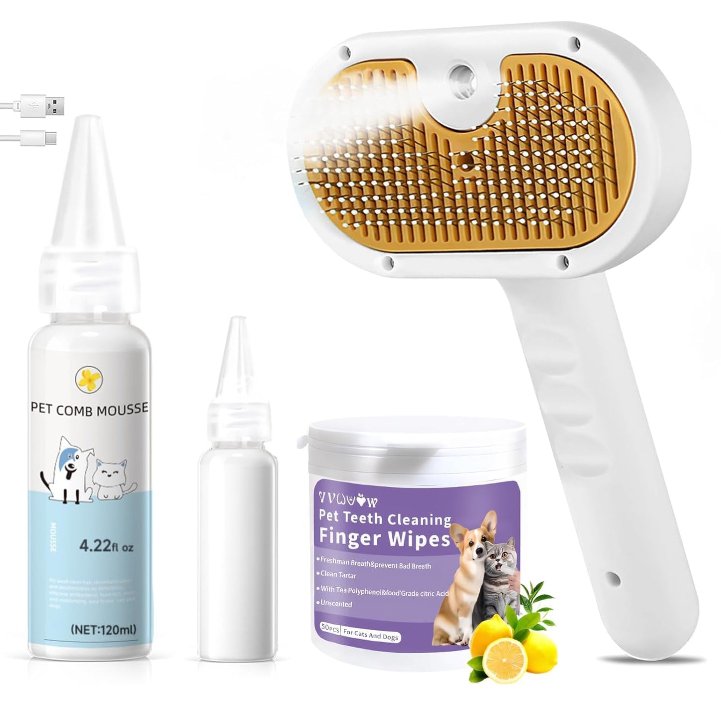 Cat & Dog Steam Brush Grooming Kit – Mist Spray Comb & Defur Tool with Shampoo