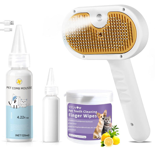 Cat & Dog Steam Brush Grooming Kit – Mist Spray Comb & Defur Tool with Shampoo
