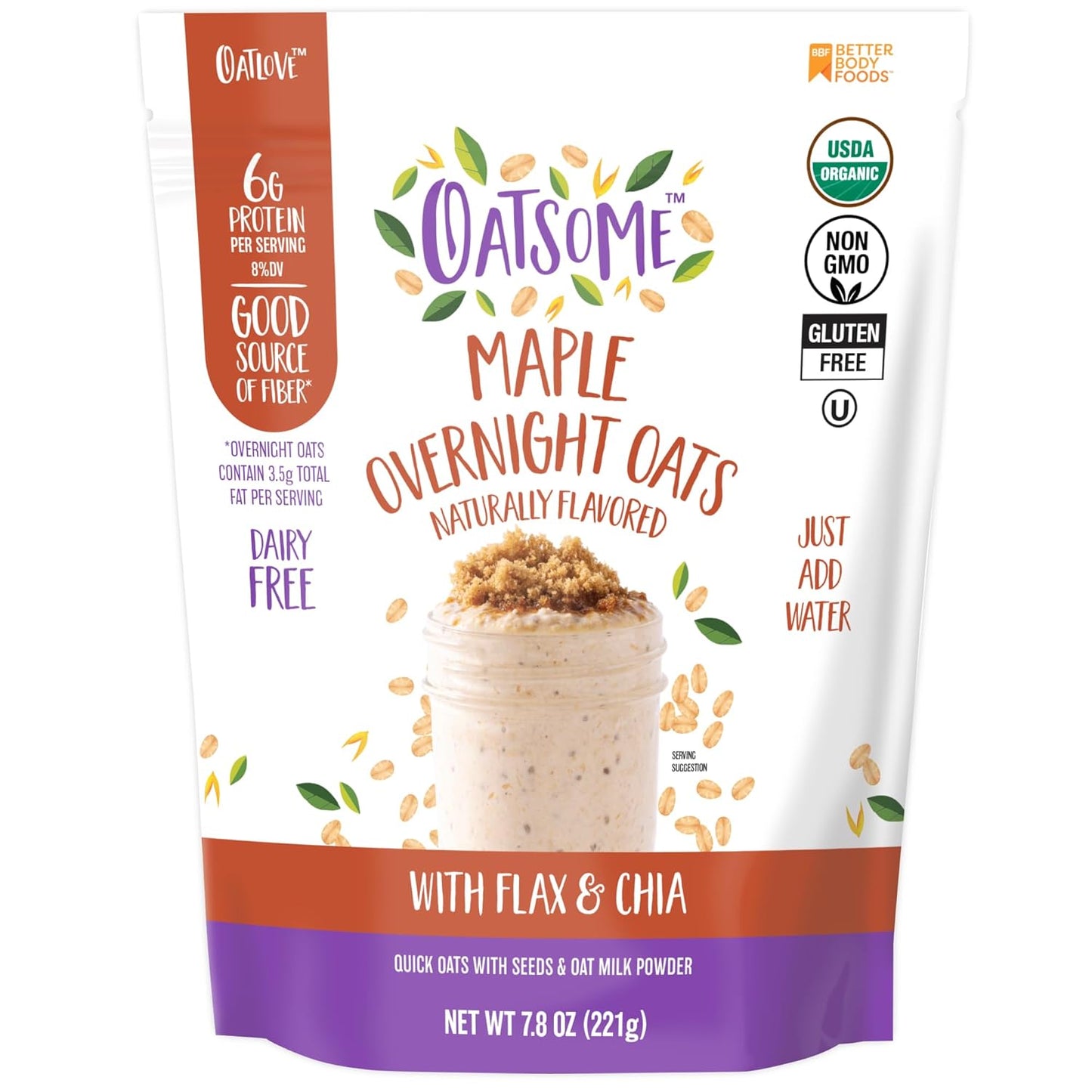 Oatsome Maple Overnight Oats with Flax and Chia, Gluten-Free Oatmeal with 6g