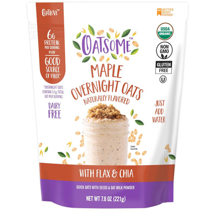 Oatsome Maple Overnight Oats with Flax and Chia, Gluten-Free Oatmeal with 6g