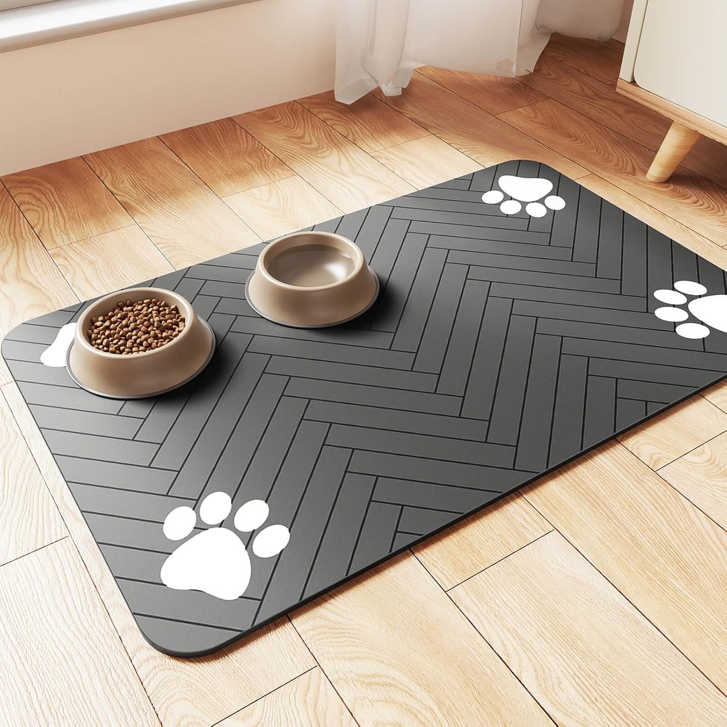 Absorbent Pet Feeding Mat with Waterproof Backing – Quick-Dry Placemat for Dog & Cat Bowls (12"x20", Dark Gray)