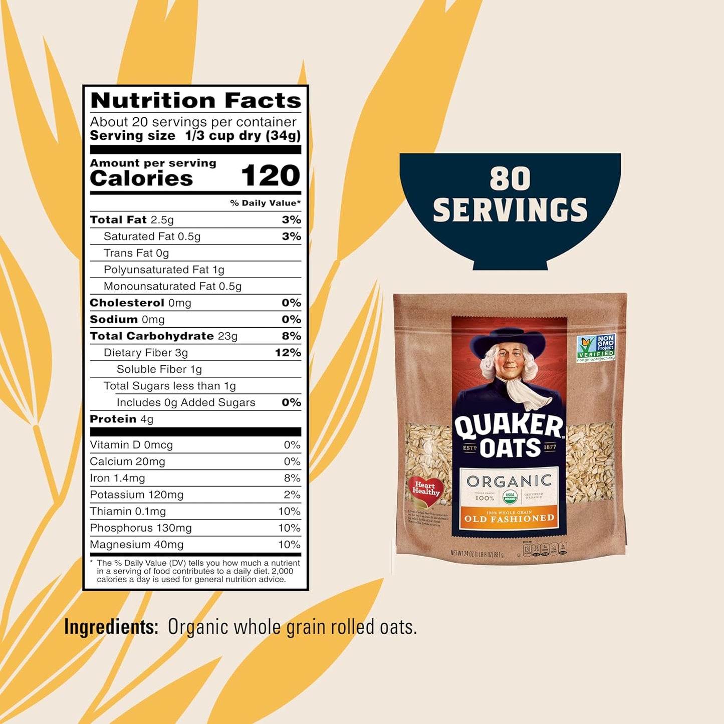Quaker Old Fashioned Rolled Oats, USDA Organic, Non GMO Project Verified,