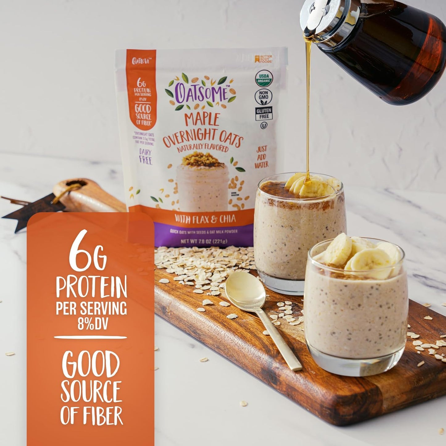 Oatsome Maple Overnight Oats with Flax and Chia, Gluten-Free Oatmeal with 6g