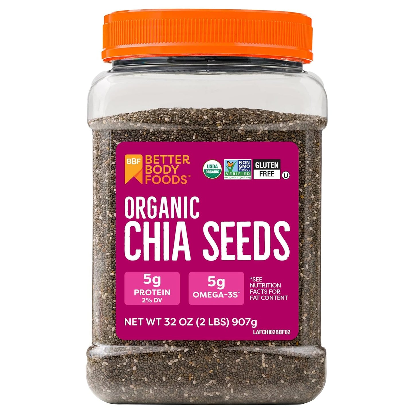 BetterBody Foods Organic Chia Seeds 2 lbs, 32 Oz, with Omega-3, Non-GMO,