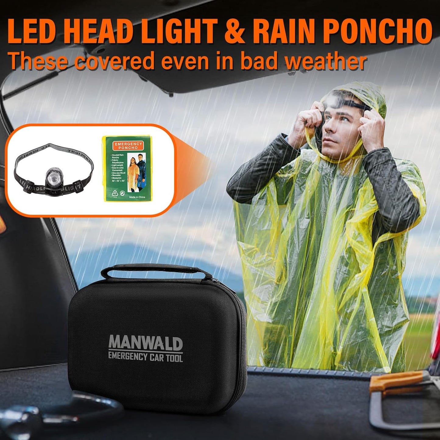 Emergency Car Tool Kit with Jumper Cables, Headlamp & Gloves –