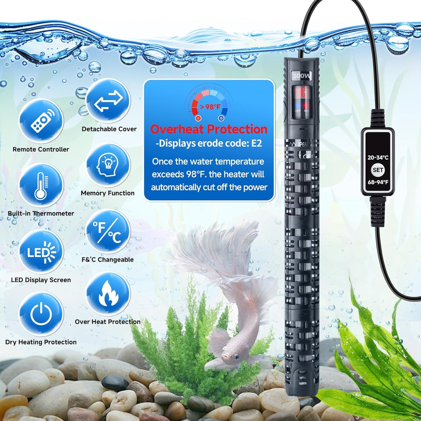 300W Submersible Aquarium & Turtle Tank Heater – Adjustable Controller,
