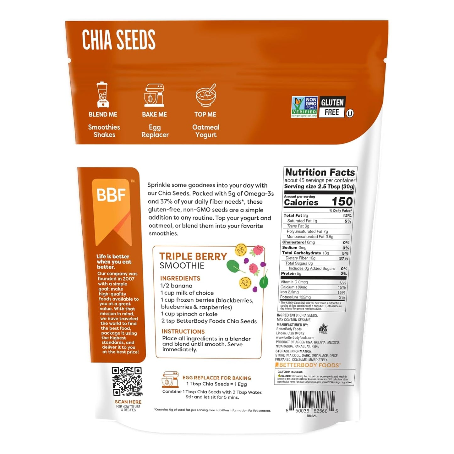 BetterBody Foods Chia Seeds 3 lbs, 48 Oz, with Omega-3,