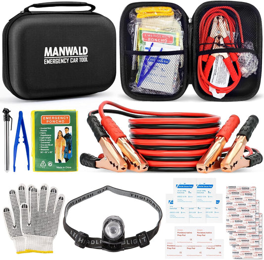 Emergency Car Tool Kit with Jumper Cables, Headlamp & Gloves –