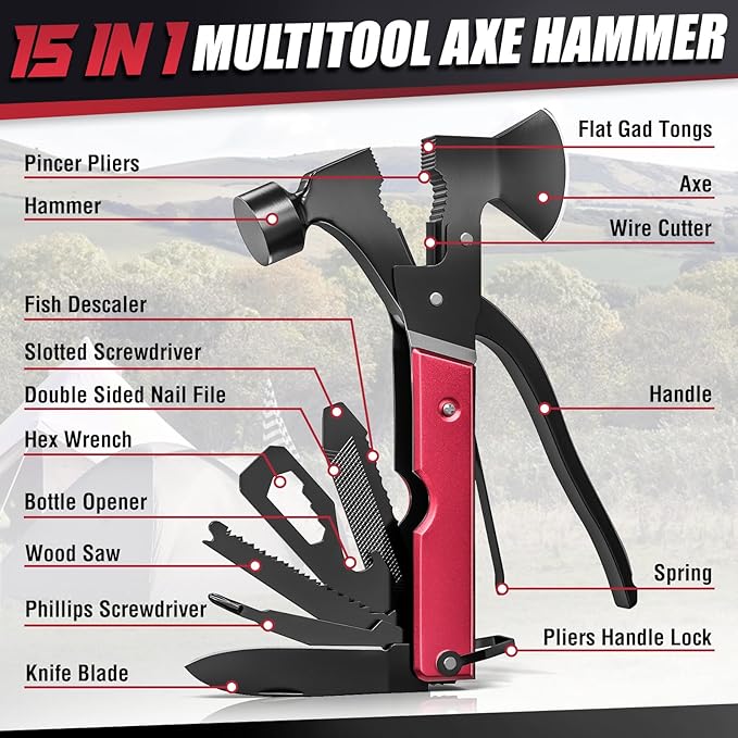 15-in-1 Multitool Axe – Camping & Survival Gear, Gifts for Dad, Husband, Men