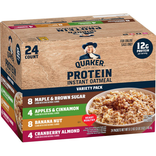 Quaker Instant Oatmeal, Protein 4 Flavor Variety Pack, 7g+ Protein, Individual Packets,