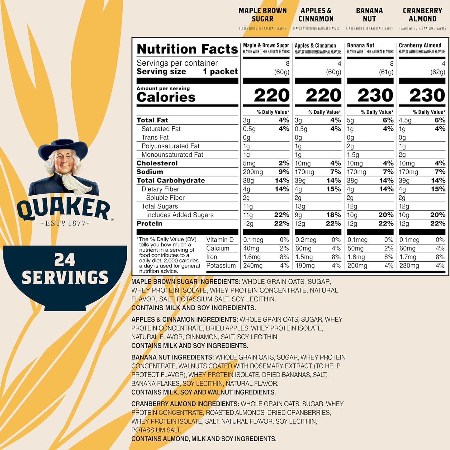 Quaker Instant Oatmeal, Protein 4 Flavor Variety Pack, 7g+ Protein, Individual Packets,