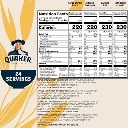 Quaker Instant Oatmeal, Protein 4 Flavor Variety Pack, 7g+ Protein, Individual Packets,